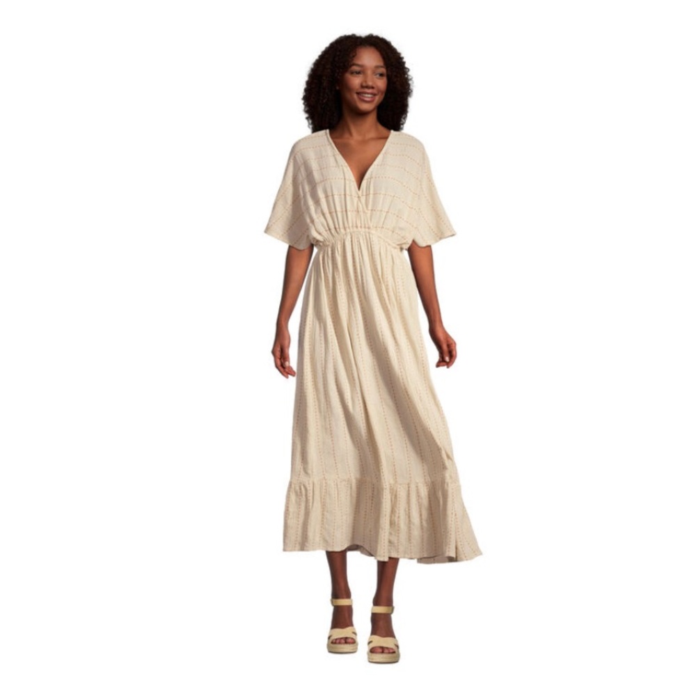 WORLD MARKET Mira Ivory And Navy Blue  Dash Stripe Kaftan Dress Size S/M